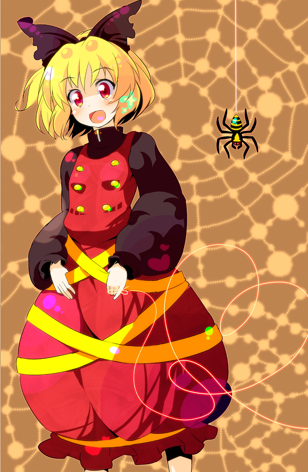 blonde_hair bow bug hair_bow highres kurodani_yamame red_eyes short_hair silk solo spider spider_web sw touhou