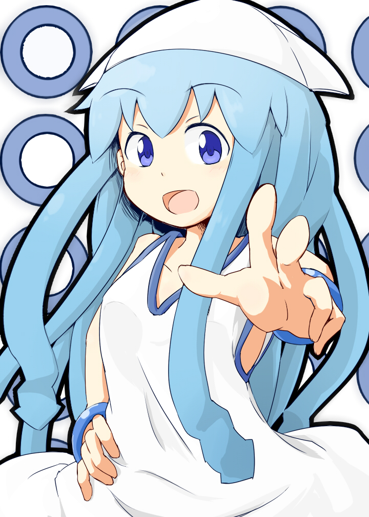 araco blue_eyes blue_hair hat ikamusume long_hair open_mouth shinryaku!_ikamusume solo tentacle_hair tentacles