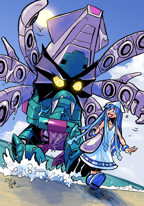 blue_eyes blue_hair bracelet crossover ikamusume jewelry long_hair shinryaku!_ikamusume squid tentacles tentakil transformers very_long_hair water weremole