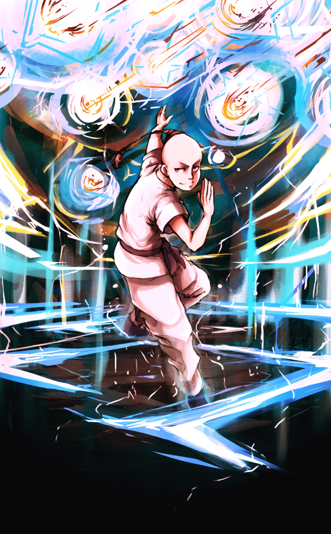 bad_id bad_pixiv_id banned_artist braid brown_eyes brown_hair eruption explosion foreshortening gameplay_mechanics kurkoboltsi male_focus mother_(game) mother_2 poo_(mother_2) solo star storm