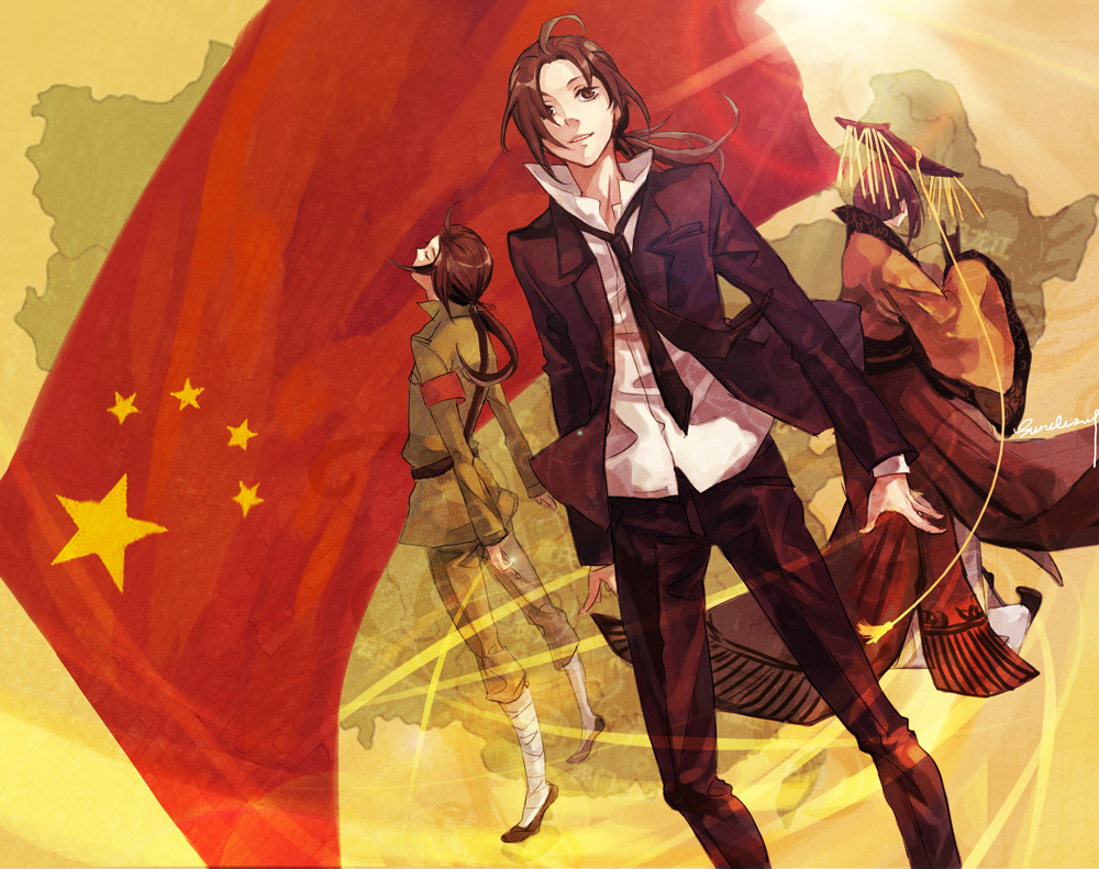 axis_powers_hetalia china_(hetalia) chinese_clothes crown flag hanfu male_focus mian_guan multiple_boys multiple_persona people's_republic_of_china_flag suncle