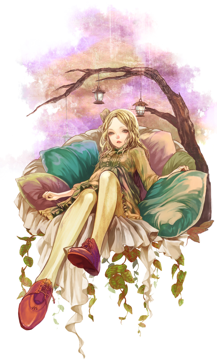 blonde_hair dress foreshortening highres lantern leaf legs long_hair original pillow routemoc solo tree