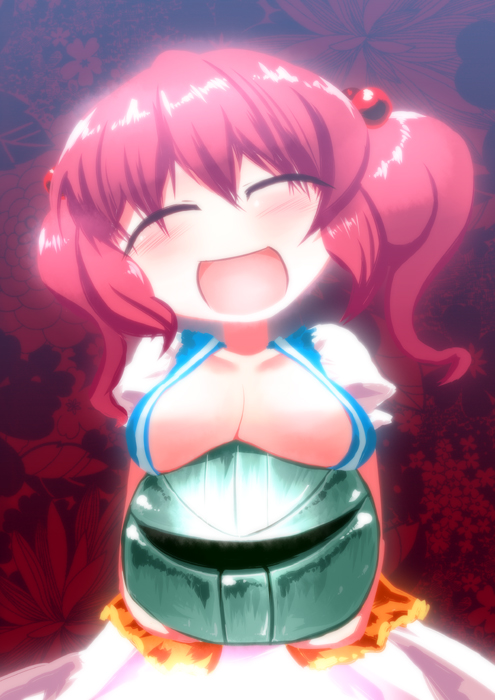 :d ^_^ birthday breast_rest breasts breasts_on_head carried_breast_rest cleavage closed_eyes crossover gundam hair_bobbles hair_ornament kuresento large_breasts onozuka_komachi open_mouth red_hair short_hair smile solo touhou turn_a_gundam turn_x twintails