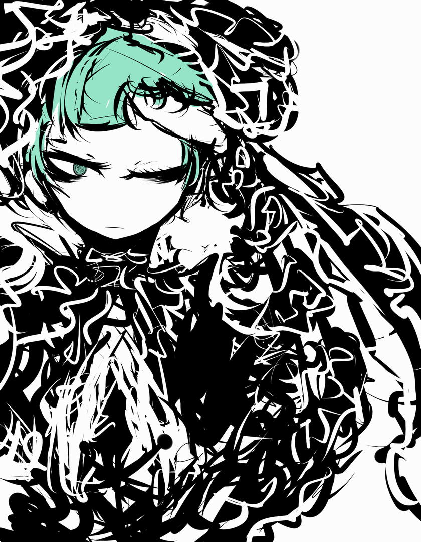 aqua_eyes aqua_hair bad_id bad_pixiv_id f7(eiki) green_hair kagiyama_hina monochrome short_hair solo spot_color touhou