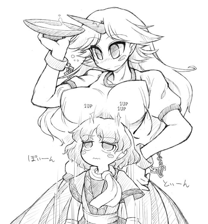 blush_stickers bouncing_breasts breast_rest breasts breasts_on_head chain cuffs cup gameplay_mechanics greyscale hand_on_hip height_difference horn hoshiguma_yuugi infinite_1up large_breasts mizuhashi_parsee monochrome multiple_girls no_nose sakazuki scarf shackles sotto touhou translated wavy_mouth