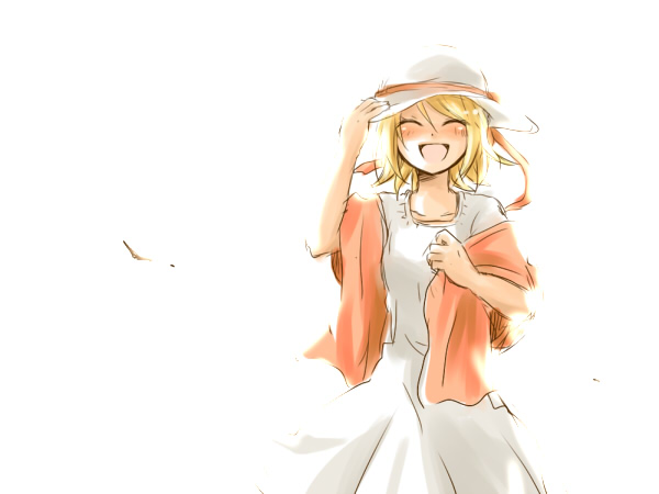 :d bad_id bad_pixiv_id blonde_hair closed_eyes happy hat kagamine_rin open_mouth ryou_(fallxalice) short_hair shuujin/kami_hikouki_(vocaloid) smile solo vocaloid