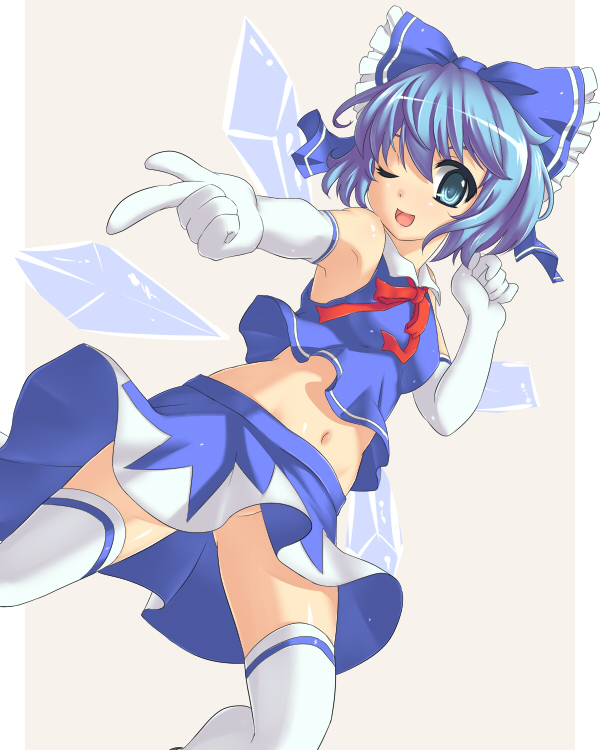 ;d adapted_costume bitaraga blue_eyes blue_hair bow cirno elbow_gloves gloves hair_bow midriff navel no_panties one_eye_closed open_mouth short_hair skirt smile solo thighhighs touhou white_gloves white_legwear wings