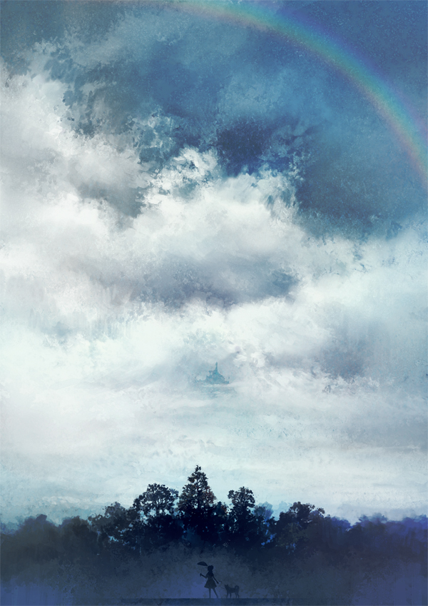 cloud dog kamoi_kouji original rainbow scenery silhouette skirt sky solo tree umbrella walking
