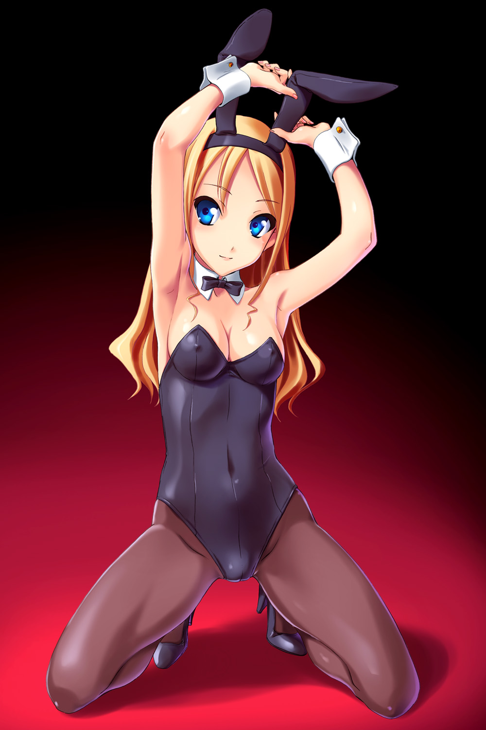 animal_ears armpits arms_up blonde_hair blue_eyes breasts bunny_ears bunny_girl bunnysuit cleavage covered_nipples detached_collar fake_animal_ears fingernails high_heels highres kneeling long_hair medium_breasts norizou_type-r original pantyhose shoes smile solo wrist_cuffs