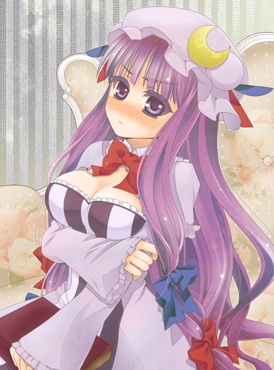:&lt; blush book breasts cleavage crescent hat highres large_breasts long_hair nia_(littlestars) patchouli_knowledge purple_eyes purple_hair solo touhou