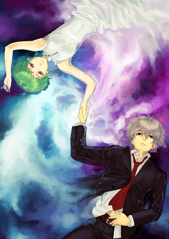 1girl copyright_request couple dress green_hair hetero holding_hands lying necktie serious shimotsuki_eight space water wet