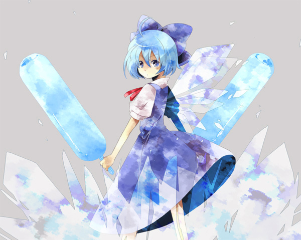 blue_hair bow cirno dress food hair_bow hair_ornament ice popsicle short_hair solo touhou wings