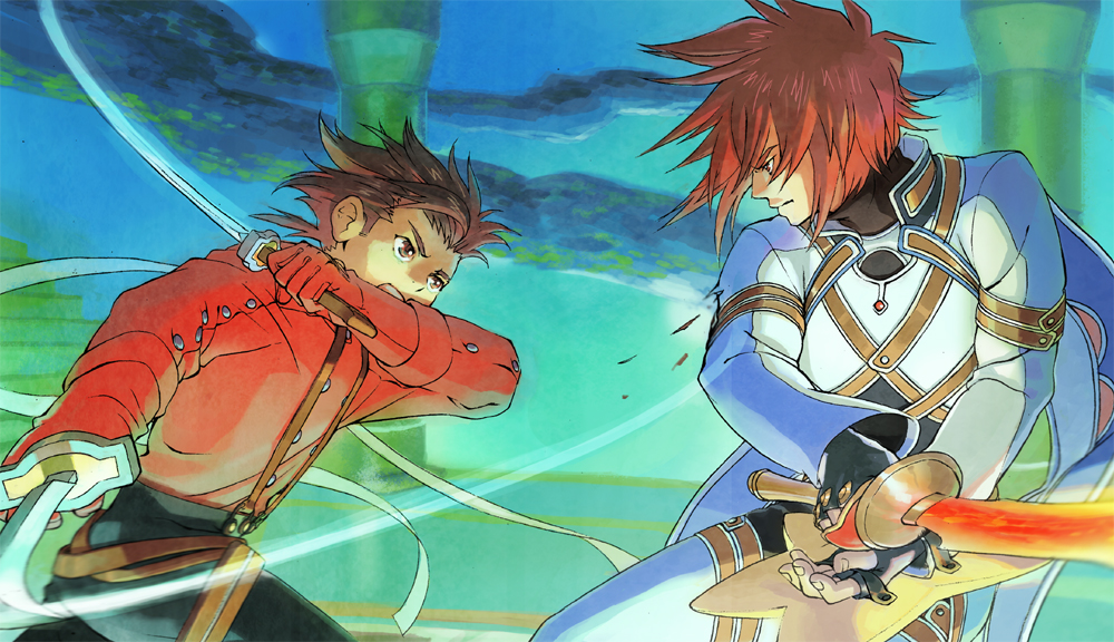 aqua_background battle brown_eyes brown_hair dual_wielding duel father_and_son holding holding_sword holding_weapon kratos_aurion lloyd_irving male_focus multiple_boys red_eyes red_hair red_shirt shimabara shirt sword tales_of_(series) tales_of_symphonia weapon