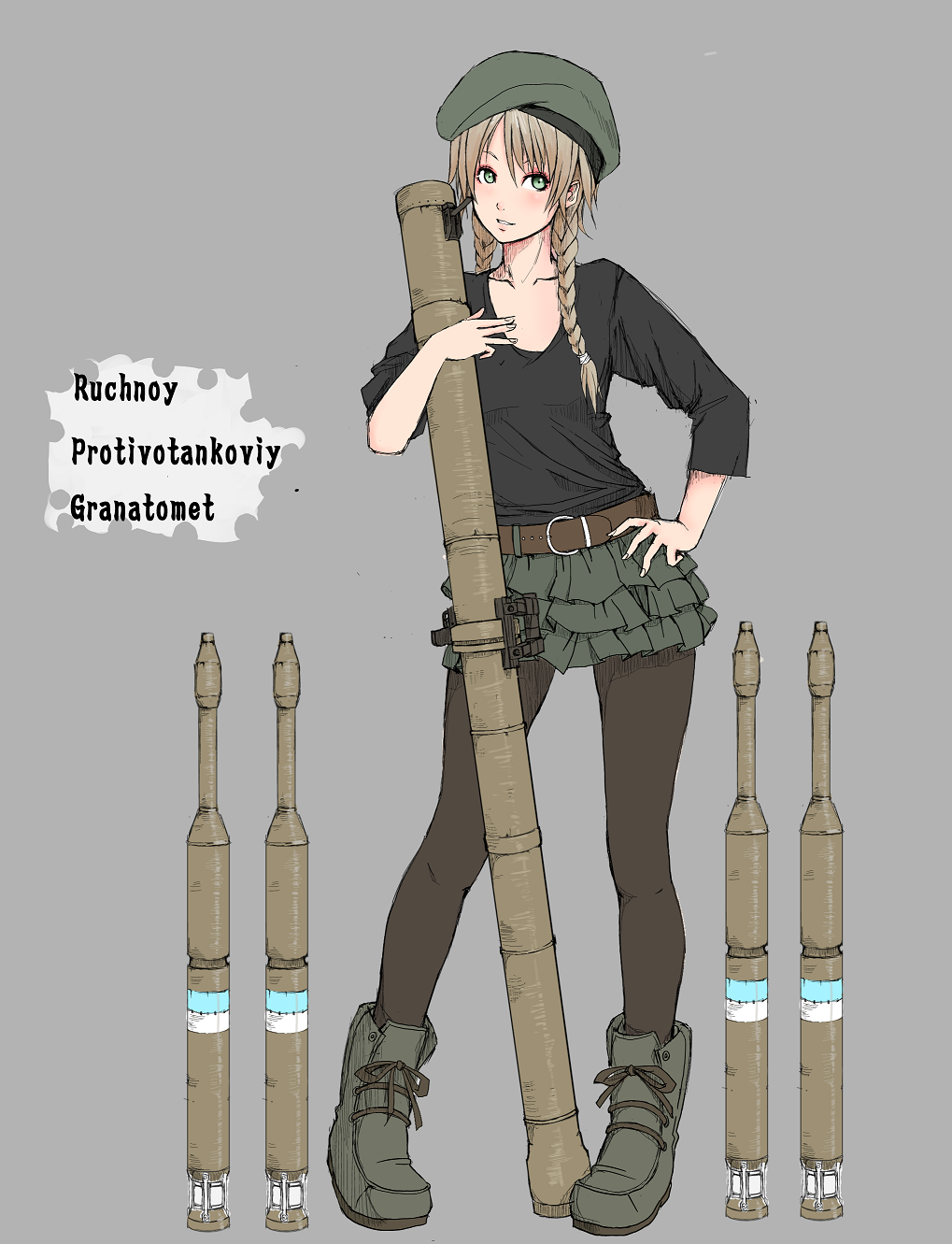 belt beret blonde_hair boots braid green_eyes hair_over_shoulder hat highres jittsu legs lips military original pantyhose rocket_launcher rpg rpg-29 russian skirt sleeves_pushed_up solo twin_braids weapon