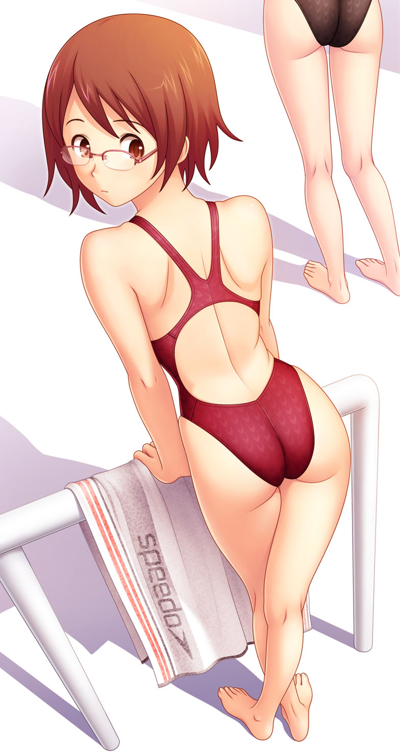 ass barefoot brown_eyes brown_hair competition_swimsuit from_above glasses highres kuri_(kurigohan) looking_back multiple_girls one-piece_swimsuit original solo_focus swimsuit towel