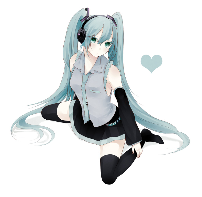 aqua_hair bad_id bad_pixiv_id blue_eyes detached_sleeves from_above hatsune_miku heart long_hair machino_(nidavellir) necktie simple_background sitting skirt solo thighhighs twintails very_long_hair vocaloid