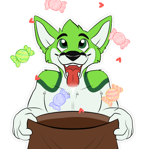 &lt;3 1:1 alpha_channel anthro black_eyebrows black_nose candy canid canine digital_media_(artwork) eyebrows fidget_the_fox food fox fur green_body green_eyes green_fur hair halloween happy holidays kwik_(artist) male mammal paws pivoted_ears simple_background sliva smile solo telegram telegram_stickers tongue tongue_out white_body white_fur