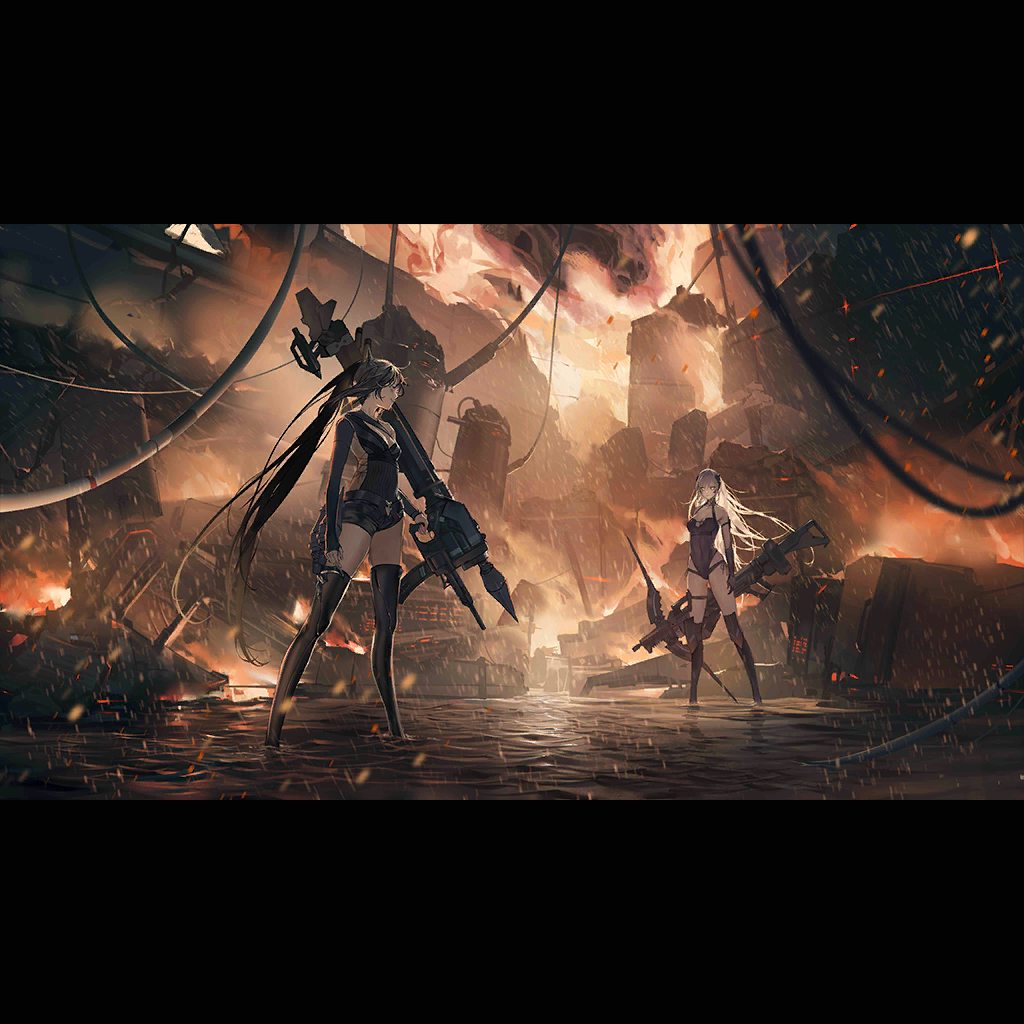 2girls architect_(girls_frontline) black_hair black_legwear black_leotard boots breasts burning cable embers fire gager_(girls_frontline) game_cg girls_frontline leotard long_hair long_sleeves looking_to_the_side medium_breasts mexican_standoff multiple_girls official_art over_shoulder rocket_launcher ruins sangvis_ferri side_ponytail sleeveless smoke spoilers standing standing_on_liquid striped thigh_boots thigh_strap thighhighs weapon weapon_over_shoulder white_hair