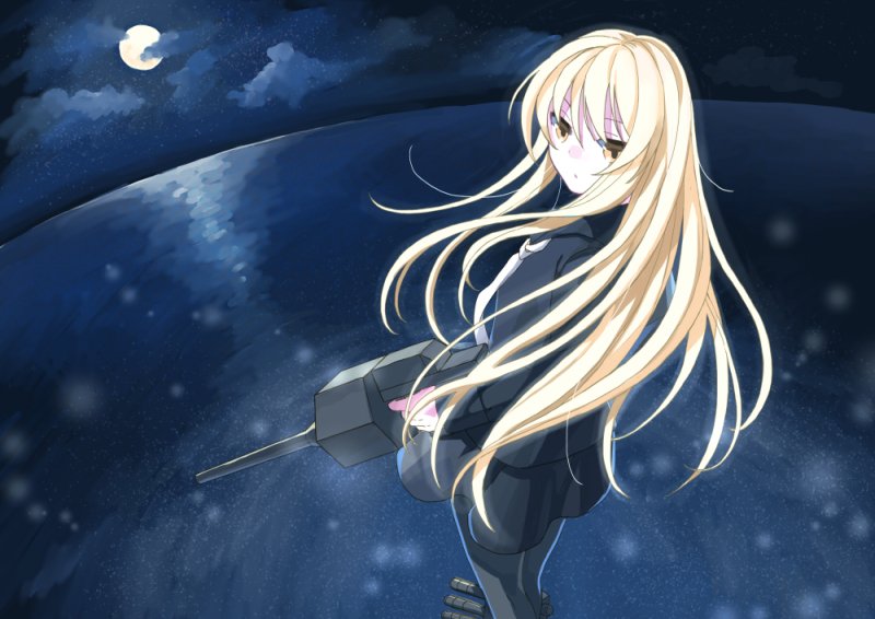 1girl bangs black_legwear black_serafuku black_skirt blonde_hair cloud full_moon kantai_collection kikuzuki_(kantai_collection) long_hair long_sleeves mitsuyo_(mituyo324) moon neckerchief night outdoors rigging sailor_collar school_uniform serafuku skirt sky solo standing water white_neckwear yellow_eyes