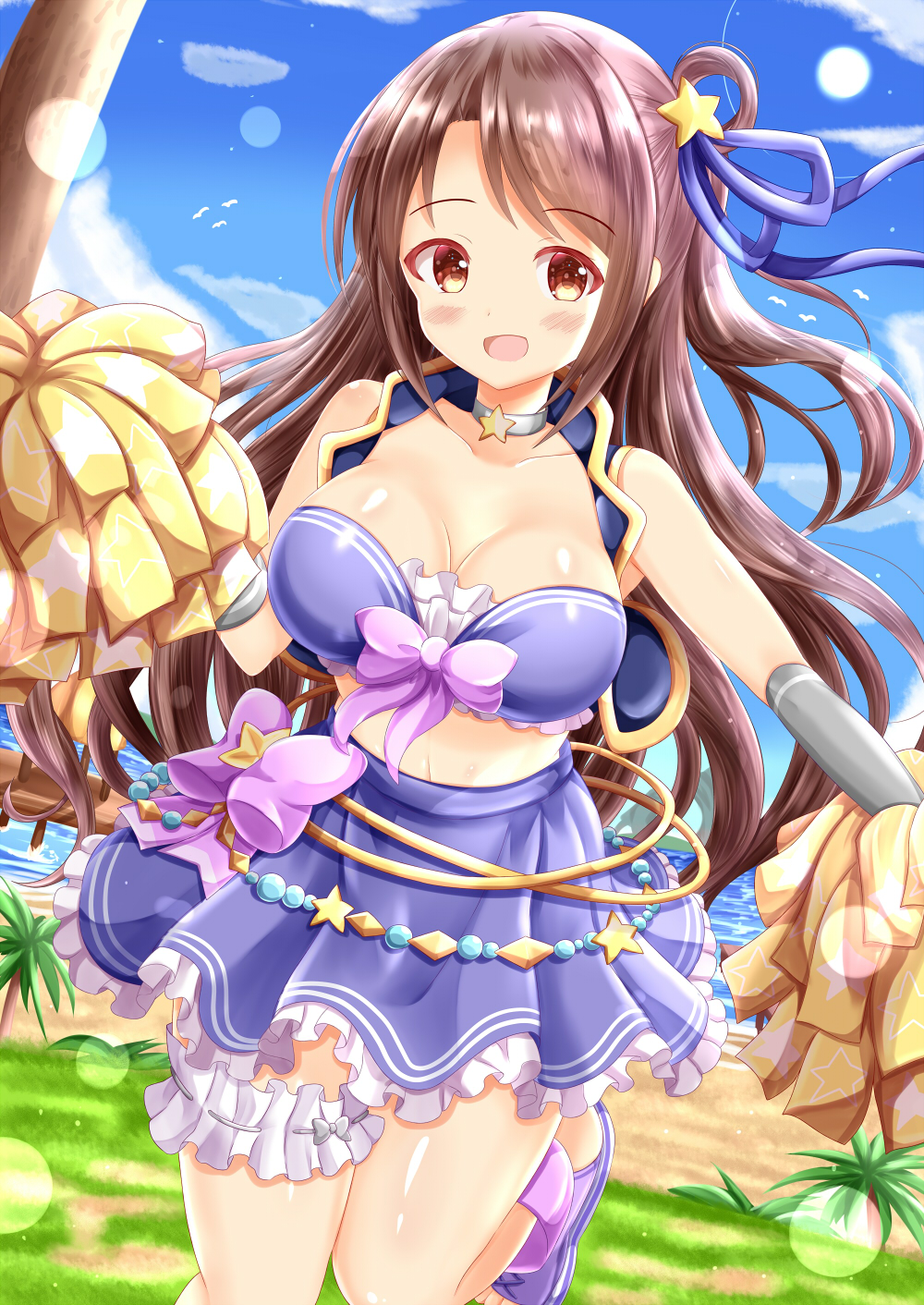 1girl bangs bare_shoulders blue_footwear blue_ribbon blue_skirt bow breasts brown_eyes brown_hair cheerleader cleavage commentary_request day frilled_skirt frills hair_ornament hair_ribbon hair_rings highres idolmaster idolmaster_cinderella_girls idolmaster_cinderella_girls_starlight_stage long_hair medium_breasts navel one_side_up outdoors parted_bangs pink_bow pleated_skirt pom_poms ribbon sandals seiyuu_connection shimamura_uzuki skirt solo standing standing_on_one_leg star_(symbol) star_hair_ornament very_long_hair water zenon_(for_achieve)