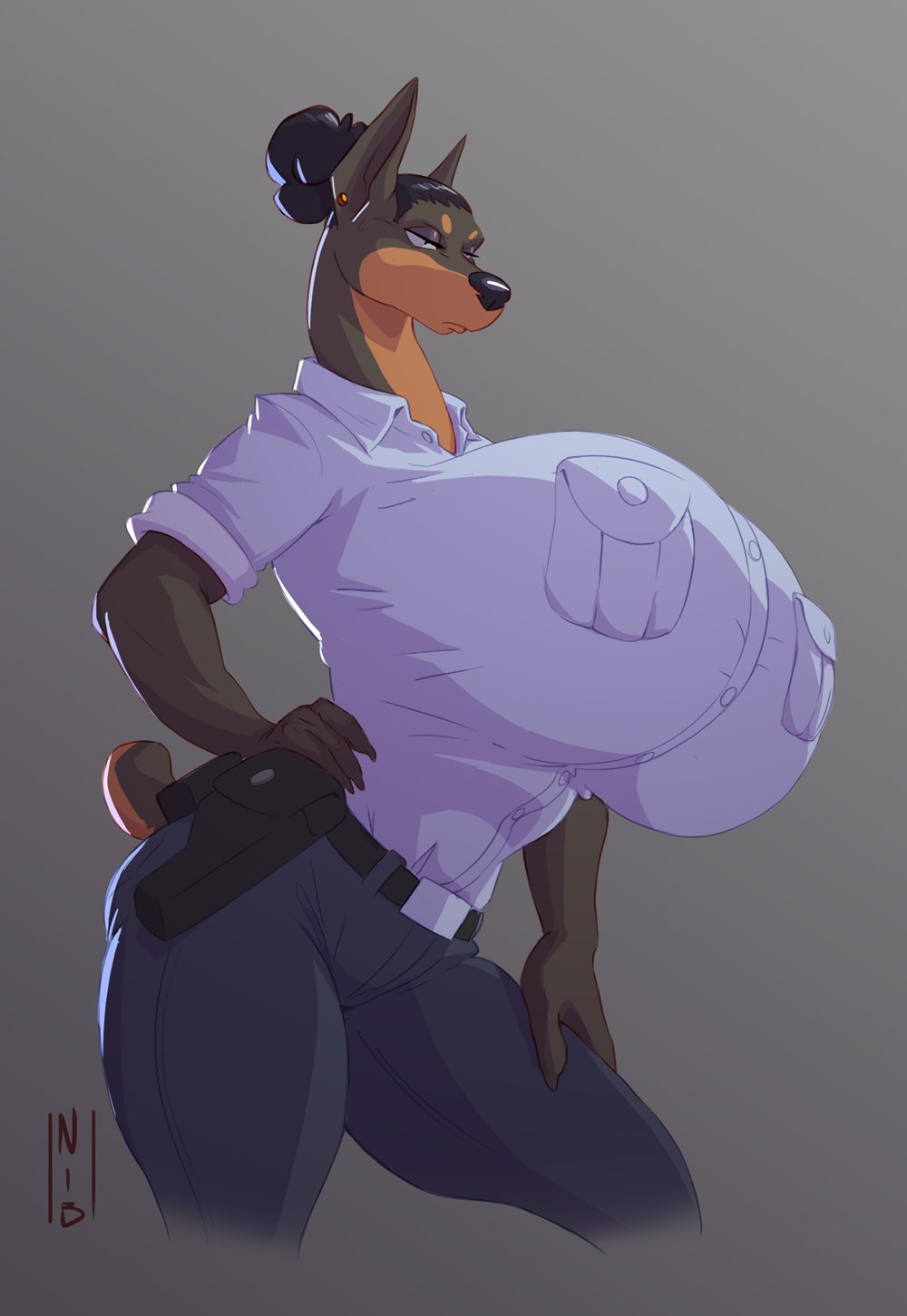 anthro belt big_breasts breasts canid canine canis claws clothed clothing dobermann docked_ears docked_tail domestic_dog ear_piercing ear_ring female gradient_background hair hair_bun half-closed_eyes hand_on_hip hi_res holster huge_breasts hyper hyper_breasts mammal narrowed_eyes nibhaaz piercing pinscher police_officer police_uniform resting_bitch_face simple_background solo uniform wide_hips
