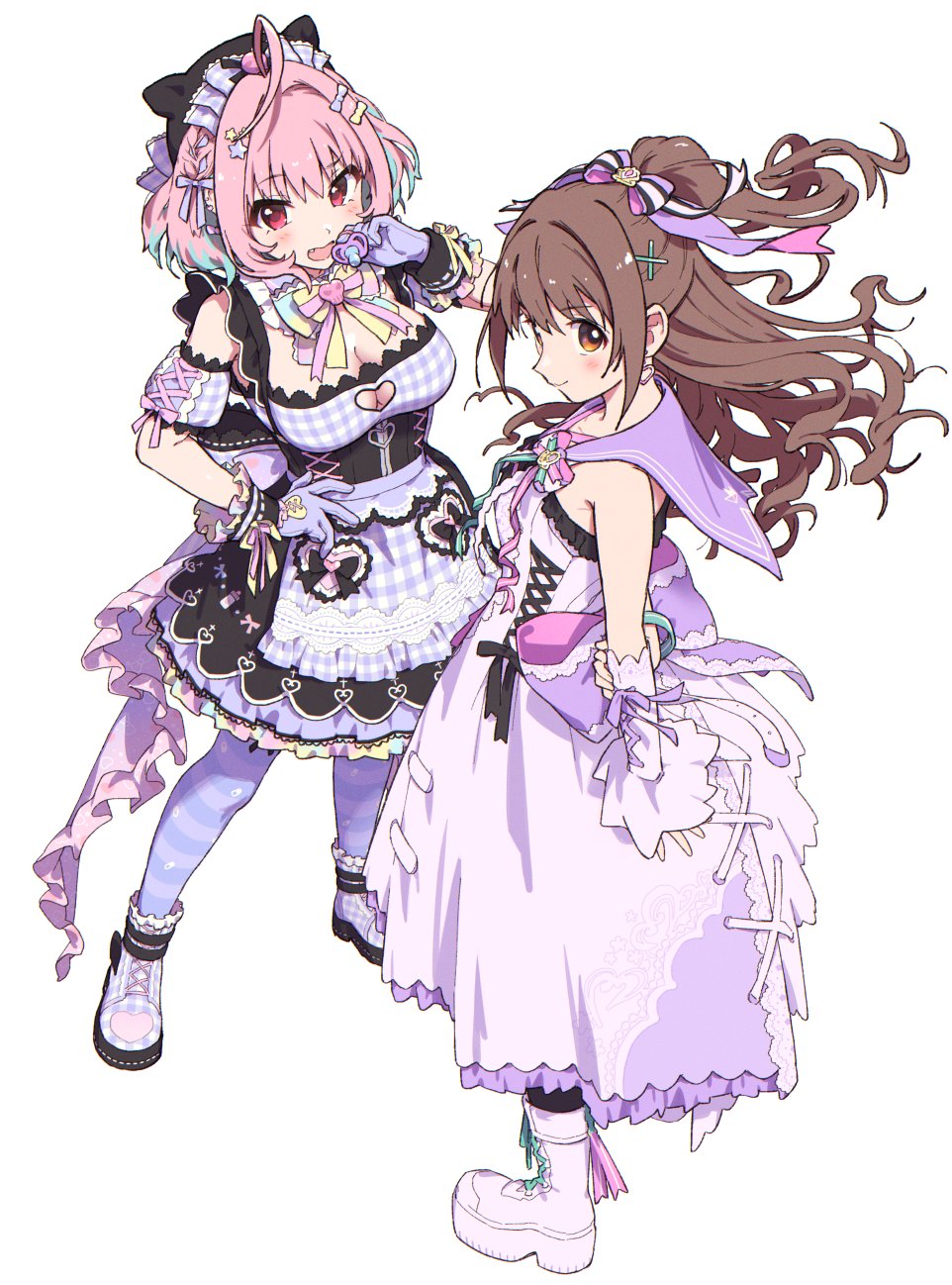 2girls ahoge alternate_costume arm_behind_back bangs bare_shoulders black_headwear blue_hair blush boots bow breasts brown_eyes brown_hair cleavage cleavage_cutout closed_mouth dress earrings eyebrows_visible_through_hair fang floating_hair frilled_ribbon frills from_side full_body gloves hair_bow hair_intakes hair_ornament hair_ribbon hand_on_own_arm hand_up heart heart_cutout heart_earrings heart_print highres holding idolmaster idolmaster_cinderella_girls idolmaster_cinderella_girls_starlight_stage jewelry large_breasts long_dress long_hair looking_at_viewer multiple_girls nanonin neck_ribbon open_mouth pacifier pink_eyes pink_hair pink_ribbon plaid plaid_bow plaid_dress plaid_footwear purple_bow purple_dress purple_gloves purple_ribbon ribbon shimamura_uzuki shiny shiny_hair skull sleeveless sleeveless_dress standing star_(symbol) star_hair_ornament striped striped_legwear thighhighs wristband x_hair_ornament yellow_bow yellow_ribbon yumemi_riamu