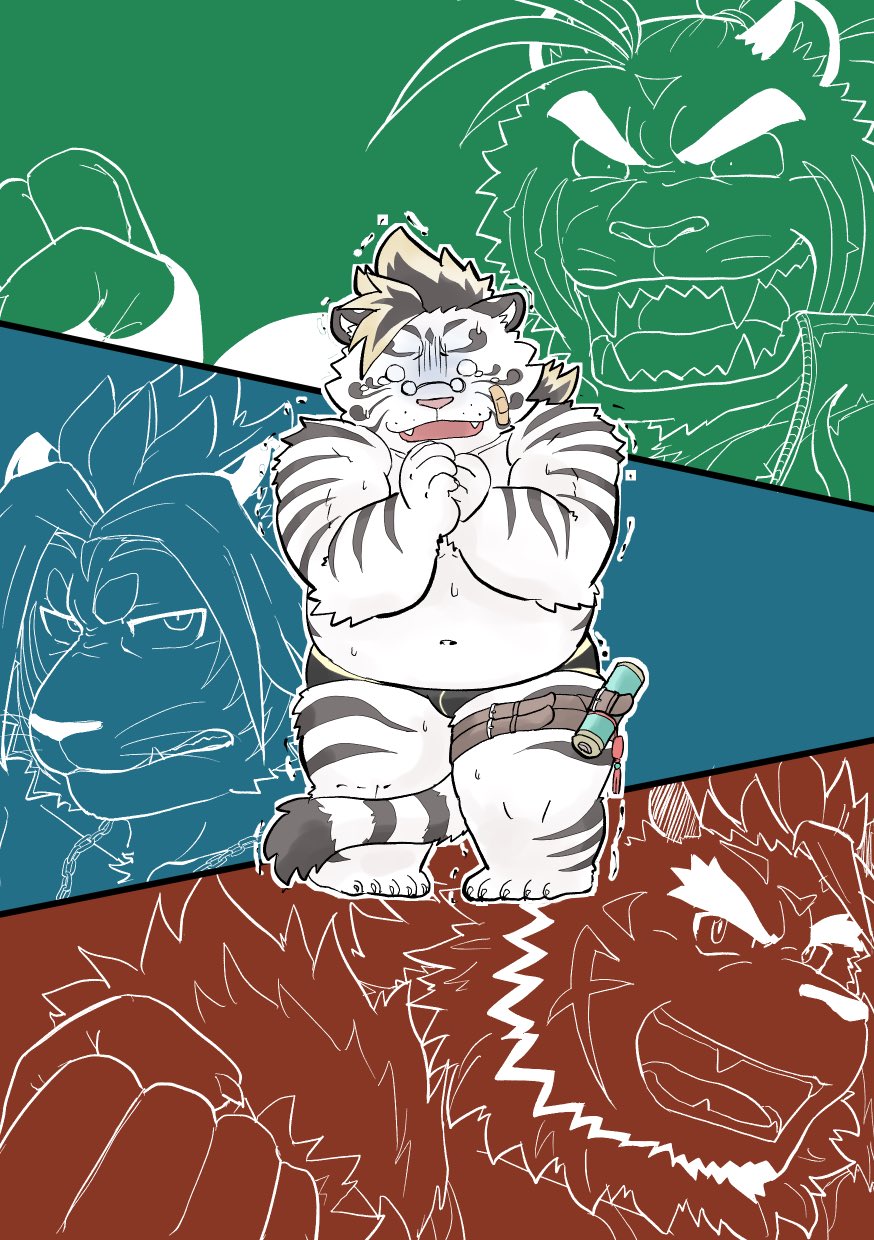 2020 anthro belly bulge clothing cute_fangs eyewear felid fur glasses hi_res hombretigre kemono licho_(tas) magan male mammal navel nomad_(tas) overweight overweight_male pantherine plantigrade scared solo_focus srw225we swimwear tiger tokyo_afterschool_summoners video_games white_body white_fur