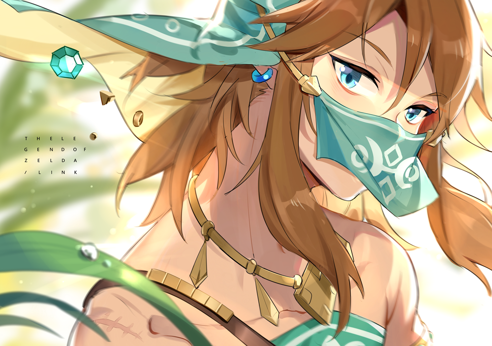 1boy alternate_costume bare_shoulders blonde_hair blue_eyes blurry blurry_background commentary_request crossdressing depth_of_field earrings face gerudo_link jewelry leopardtiger link looking_at_viewer male_focus otoko_no_ko pointy_ears scar solo the_legend_of_zelda the_legend_of_zelda:_breath_of_the_wild veil water_drop