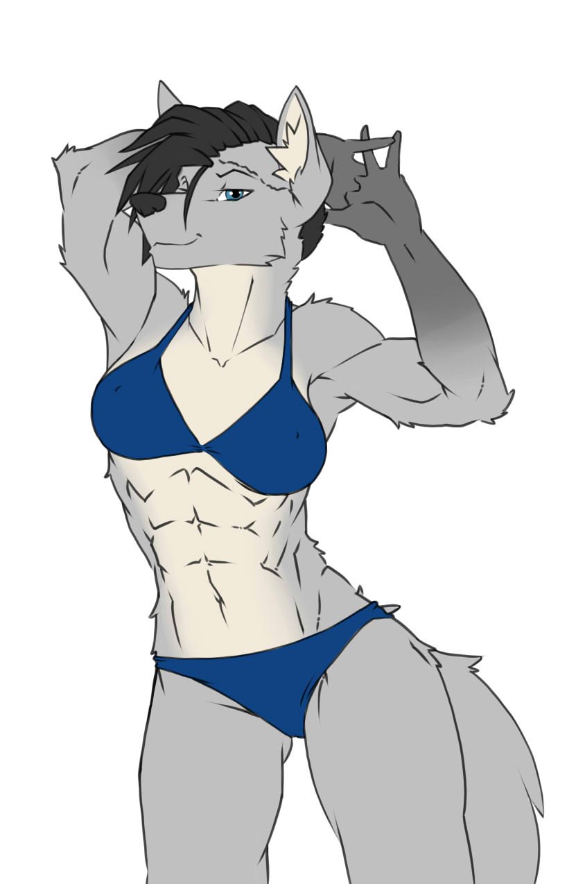 anthro bikini black_hair blue_eyes breasts canid canine canis clothed clothing female fluffy fluffy_tail fur hair hi_res kyla mammal multicolored_body multicolored_fur muscular muscular_anthro muscular_female nipple_outline partially_clothed saruuk simple_background smile solo swimwear white_background wolf