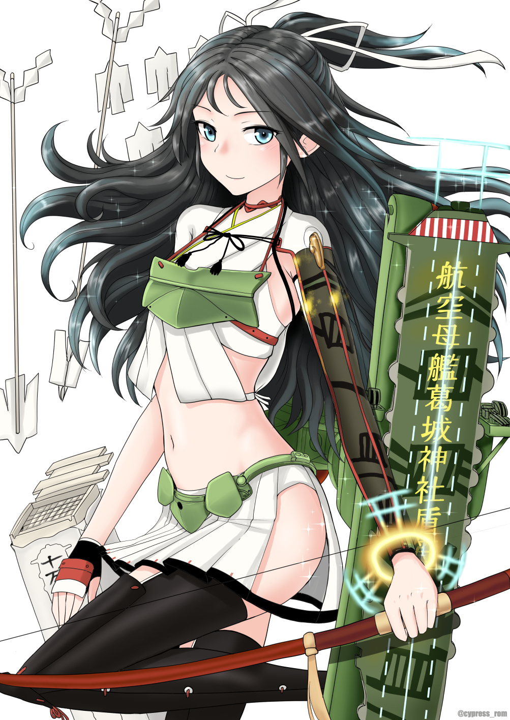 1girl armor armpit_crease arrow_(projectile) asymmetrical_gloves bangs black_hair black_legwear blue_eyes bow_(weapon) breasts commentary_request cowboy_shot crop_top cypress eyebrows_visible_through_hair fingerless_gloves flight_deck gloves hair_ribbon highres holding holding_bow_(weapon) holding_weapon japanese_clothes kantai_collection katsuragi_(kantai_collection) long_hair looking_at_viewer midriff muneate navel parted_bangs pleated_skirt ponytail ribbon sidelocks simple_background single_fingerless_glove skirt small_breasts smile solo standing thighhighs twitter_username weapon white_background white_ribbon white_skirt zettai_ryouiki