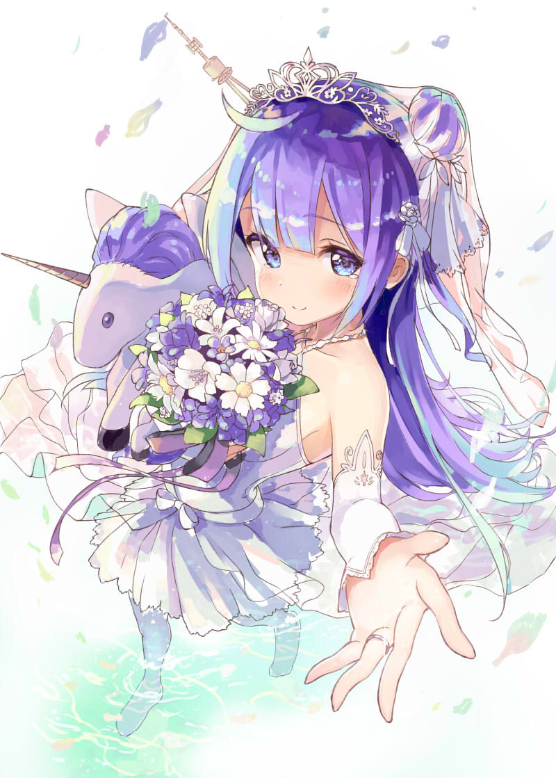 1girl ahoge azur_lane bouquet bridal_veil bride commentary_request criss-cross_halter detached_sleeves dress flower hair_bun halterneck jewelry long_hair looking_at_viewer object_hug outstretched_arm purple_eyes purple_hair ring side_bun smile soaking_feet solo stuffed_alicorn stuffed_animal stuffed_toy stuffed_unicorn tamanaga_haru tearing_up tiara unicorn_(azur_lane) veil wedding_dress wedding_ring white_dress white_legwear