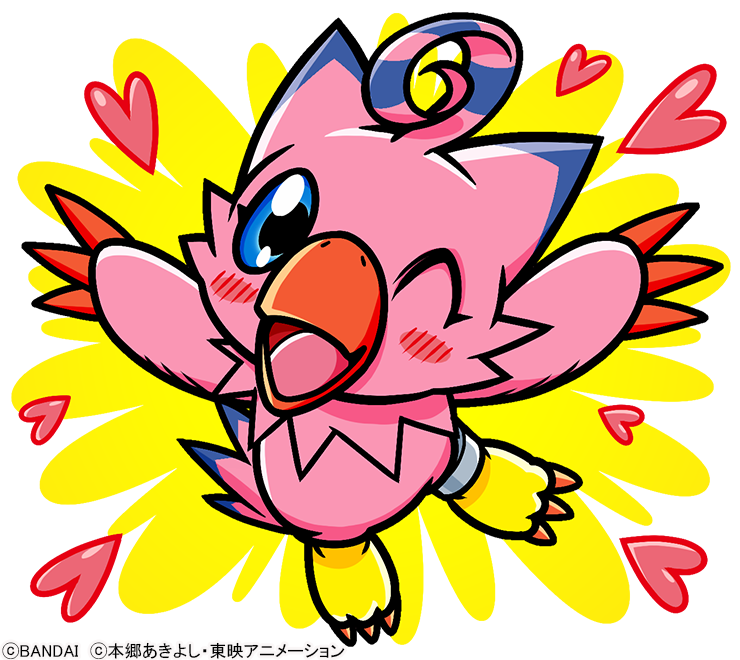 &lt;3 avian beak biyomon blue_body blue_eyes blue_feathers bluh claws digimon digimon_(species) eyelashes feathers female flying markings official_art one_eye_closed open_mouth pink_body pink_feathers red_claws ring ring_on_leg semi-anthro solo toe_claws unknown_artist wink yellow_body