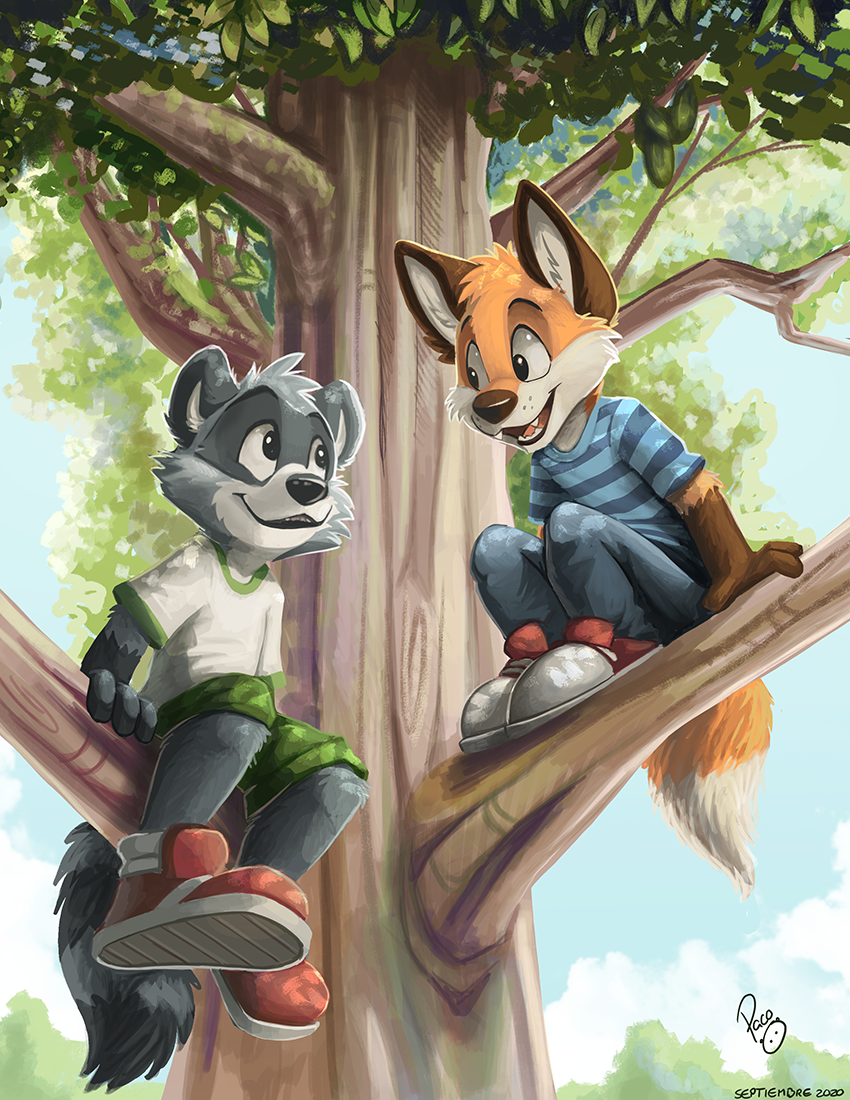 2020 anthro art_(pandapaco) biro_(pandapaco) blue_sky bottomwear branch canid canine cheek_tuft clothed clothing detailed_background digital_media_(artwork) dipstick_tail duo eye_contact facial_tuft feet_together footwear forest fox fully_clothed gloves_(marking) happy head_tuft leaf looking_at_another male mammal markings multicolored_tail open_mouth open_smile outside pandapaco pants pattern_clothing pattern_shirt pattern_topwear procyonid raccoon shirt shoes shorts signature sitting sky smile striped_clothing striped_shirt striped_tail striped_topwear stripes topwear tree tuft young