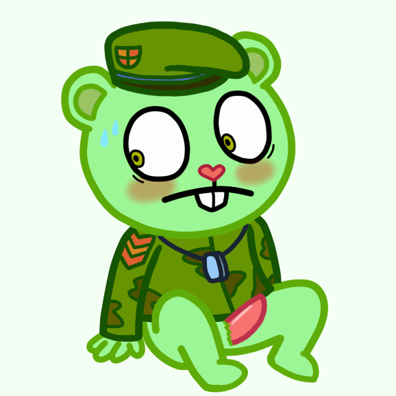 1:1 anthro bigpixelz blush clothed clothing ellyart embarrassed erection flippy_(htf) genitals happy_tree_friends male mammal penis solo ursid