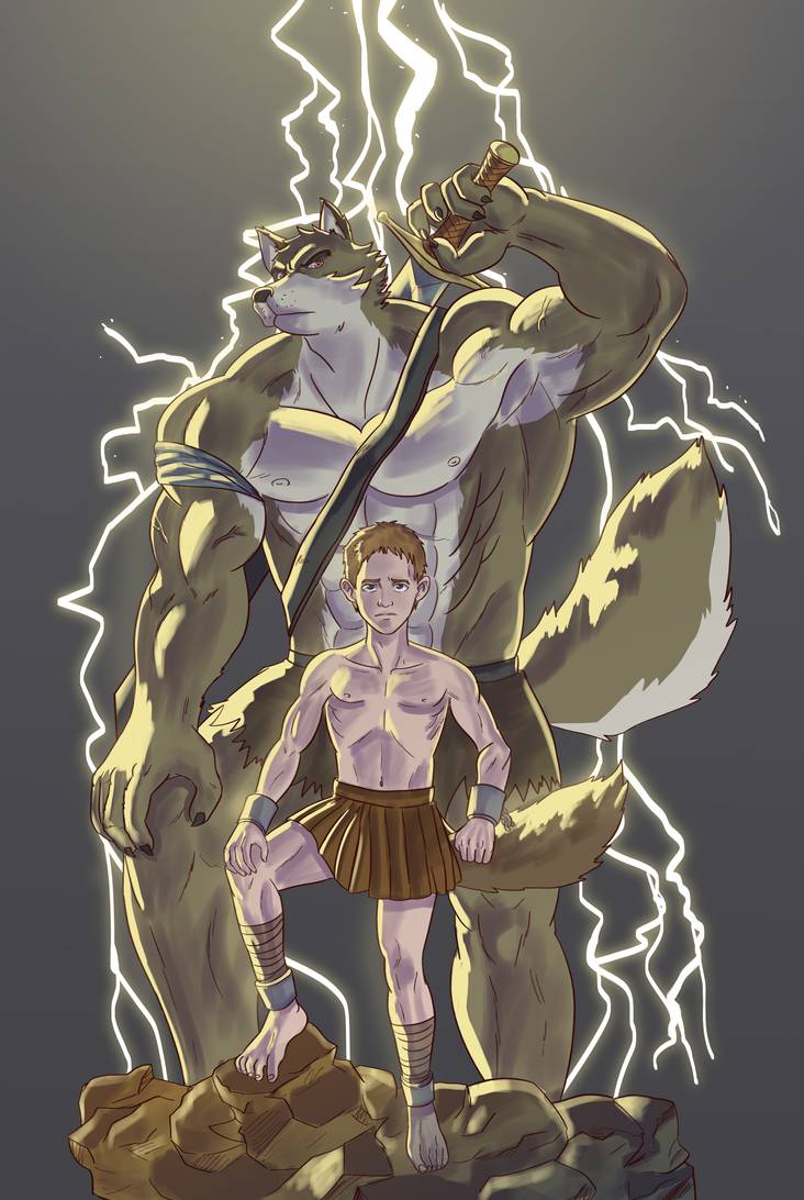 2019 abs animal_humanoid anthony_caligula anthro baldric bandage barefoot biceps big_muscles brown_body brown_fur brown_hair canid canid_humanoid canine canine_humanoid canis clothed clothing dual_persona duo fur hair holding_object holding_weapon humanoid lightning male mammal mammal_humanoid marioferro melee_weapon multicolored_body multicolored_fur muscular muscular_anthro muscular_male rock shackles short_hair sword topless topless_male two_tone_body two_tone_fur weapon white_body white_fur wolf wolf_humanoid zilch1998