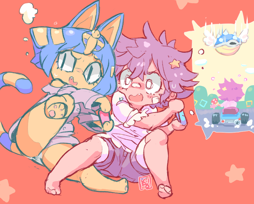 1boy 1girl animal_ears arms_up bandaid bandaid_on_face bandaid_on_nose bangs barefoot black_eyes blue_hair blue_shell blush brown_hair brown_shorts cat_ears cat_tail commentary controller doubutsu_no_mori egyptian english_commentary fang from_behind furry game_controller go_kart gold grey_shirt hair_ornament hands_up holding joy-con knee_up leaning leg_up long_sleeves mario_kart messy_hair motion_lines mushroom nile_(doubutsu_no_mori) nose_blush off_shoulder open_mouth outstretched_arms panties pawpads paws raised_eyebrow red_background shiny shiny_hair shirt short_hair short_shorts short_sleeves shorts simple_background sitting sketch slit_pupils snake_hair_ornament spikes star_(symbol) star_hair_ornament starmilk sweat tail underwear villager_(doubutsu_no_mori) white_eyes white_panties white_shirt wings