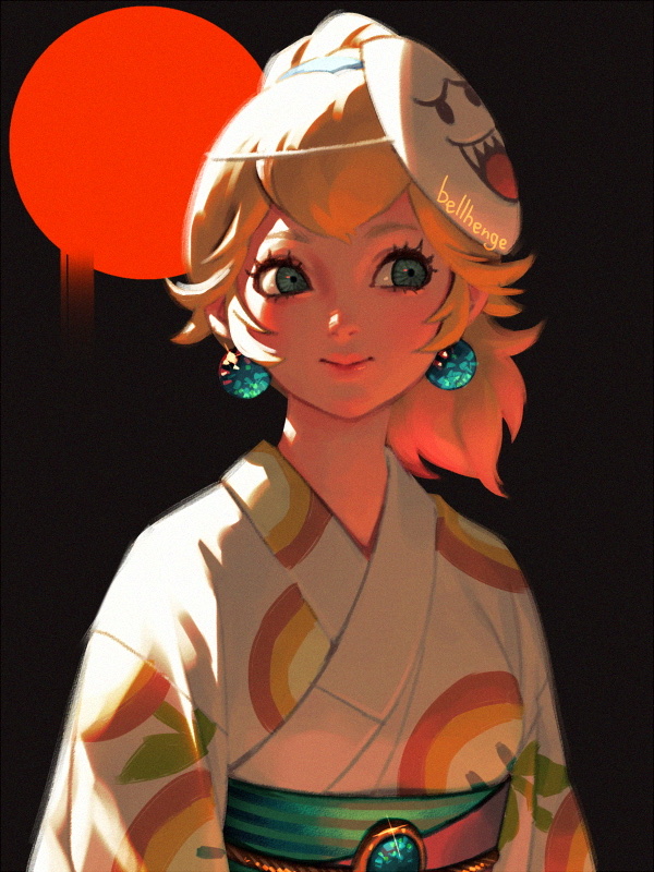 1girl bellhenge black_background blonde_hair blue_eyes boo closed_mouth earrings fire_flower gem japanese_clothes jewelry kimono lipstick makeup mario_(series) mask mask_on_head mask_removed pale_skin pink_lipstick ponytail princess_peach simple_background solo_focus super_mario_odyssey upper_body white_robe widow's_peak yukata