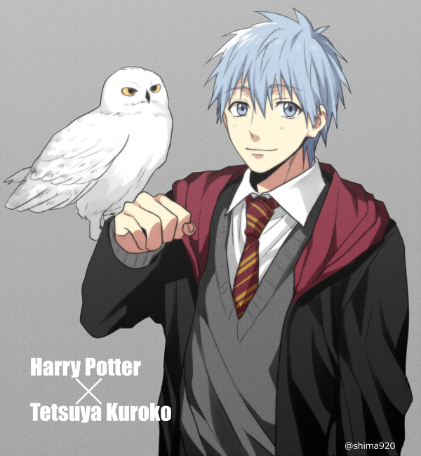 1boy animal_on_arm bird bird_on_arm black_cape blue_eyes blue_hair cape character_name closed_mouth collared_shirt commentary_request copyright_name crossover eyebrows_visible_through_hair grey_background grey_sweater gryffindor harry_potter hedwig hogwarts_school_uniform kuroko_no_basuke kuroko_tetsuya looking_at_viewer male_focus mashima_shima necktie owl red_neckwear school_uniform shirt simple_background smile striped striped_neckwear sweater twitter_username upper_body white_shirt