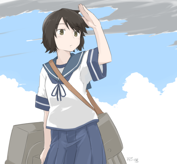 1girl black_hair blue_sailor_collar blue_skirt blue_sky brown_eyes cloud cowboy_shot kantai_collection kusakasima machinery miyuki_(kantai_collection) pleated_skirt sailor_collar school_uniform serafuku shading_eyes short_hair skirt sky solo standing wavy_hair