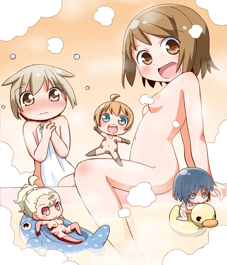 2boys 3girls :d ahoge aqua_eyes arm_support arms_behind_back bath bathing blue_eyes blue_hair blush breasts brown_eyes brown_hair closed_mouth commentary_request convenient_censoring covering disconnected_mouth gerotan groin hair_flaps hair_pulled_back holding holding_towel indoors jumping knee_up large_breasts looking_at_viewer mabuchi_nobuko mabuchi_sakino maebari midair multiple_boys multiple_girls navel nose_blush nude official_art ofuro_no_tomodachi_furo_buddy open_mouth orange_theme original platinum_blonde_hair ponytail reclining red_eyes roze_(ofuro_no_tomodachi_furo_buddy) rubber_duck sakura_(ofuro_no_tomodachi_furo_buddy) simple_background sitting small_breasts smile soap soap_bubbles soap_censor stomach straddling thighs towel toy upper_teeth water_drop wavy_mouth white_towel yuzu_(ofuro_no_tomodachi_furo_buddy)