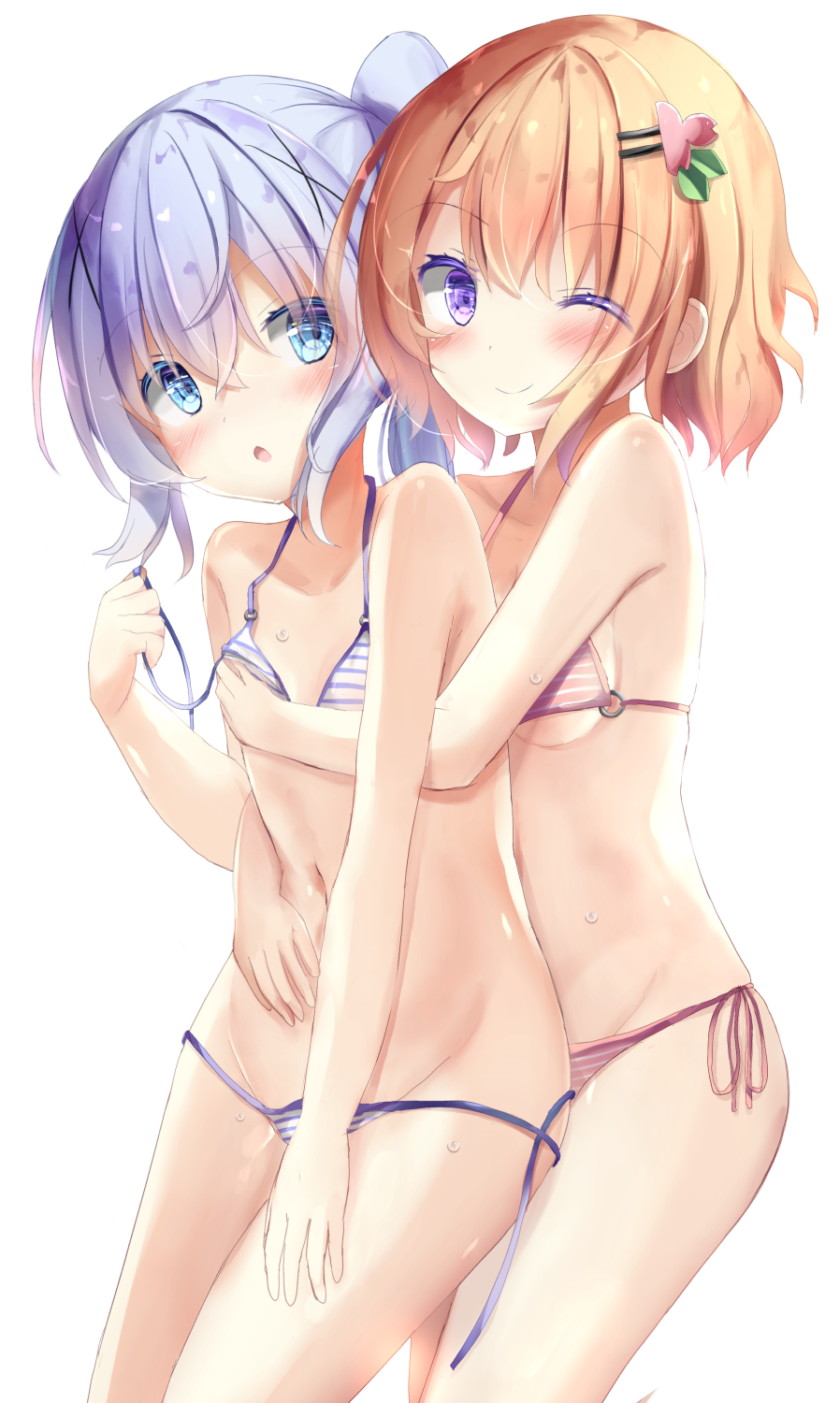 2girls ;) bangs bare_arms bare_shoulders bikini blue_eyes blue_hair blush breasts brown_hair closed_mouth commentary_request eyebrows_visible_through_hair eyes_visible_through_hair gochuumon_wa_usagi_desu_ka? groin hair_between_eyes hair_ornament hairclip highres hoto_cocoa hug hug_from_behind kafuu_chino long_hair multiple_girls na!?_(naxtuyasai) navel o-ring o-ring_bikini o-ring_top one_eye_closed purple_eyes side-tie_bikini simple_background small_breasts smile striped striped_bikini swimsuit twintails white_background