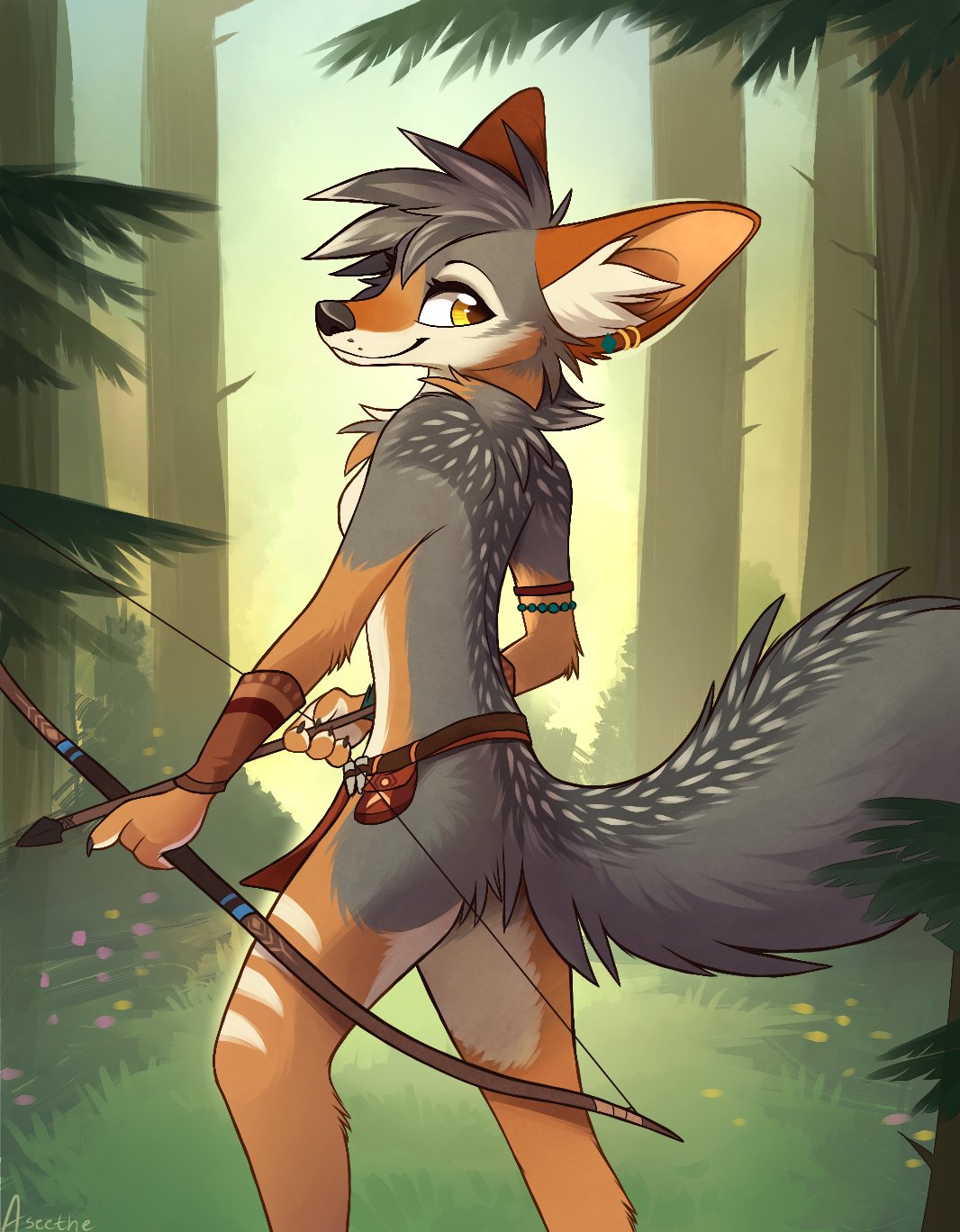 2020 anthro arrow aseethe backlighting bow_(weapon) brown_body brown_fur canid canine canis clothing coyote day detailed_background digital_media_(artwork) ear_piercing ear_ring female fhyra fur grass grey_body grey_fur grey_hair hair hi_res holding_bow holding_object holding_weapon inner_ear_fluff jackal light lighting loincloth looking_back mammal orange_body orange_fur outside piercing ranged_weapon sepiapaws smile solo standing tree tribal tuft weapon white_body white_fur yellow_eyes