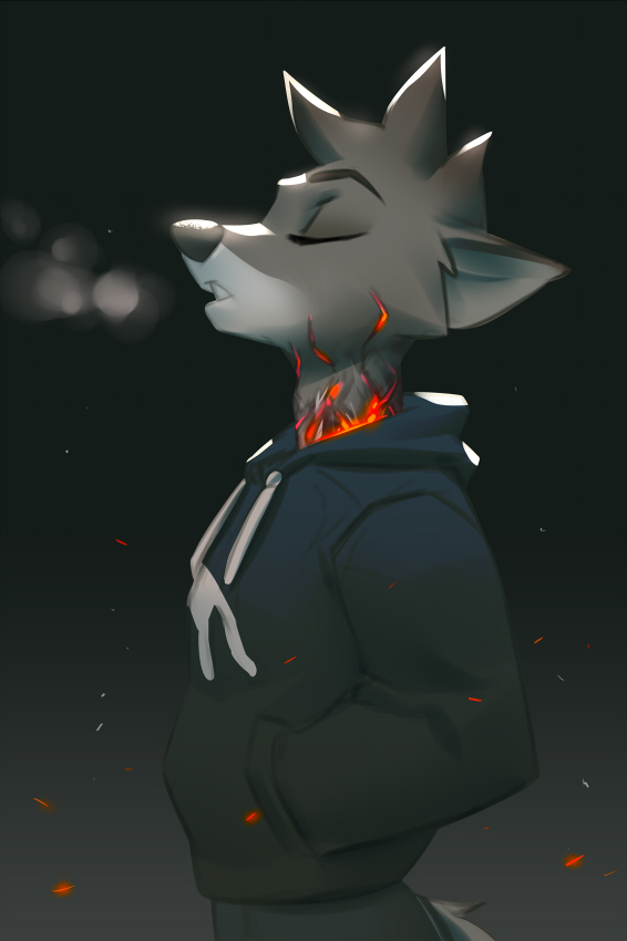 2020 anthro bottomwear canid canine clothing dark_background eyes_closed fire fox fur gradient_background hoodie male mammal miles_df pants simple_background solo teeth topwear