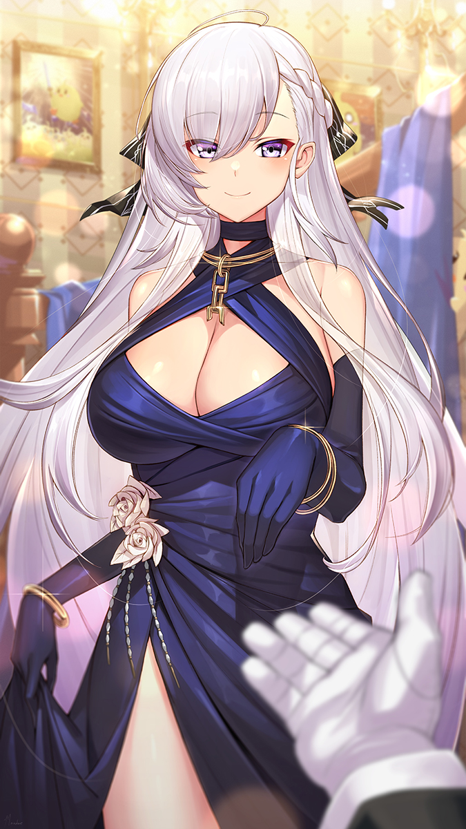 1boy 1girl alternate_costume azur_lane bangs bare_shoulders belfast_(azur_lane) belfast_(the_noble_attendant)_(azur_lane) blue_dress blue_gloves blurry blurry_background blush bracelet braid breasts chain cleavage closed_mouth commander_(azur_lane) commentary_request dress elbow_gloves eyebrows_visible_through_hair eyes_visible_through_hair gloves hair_between_eyes hair_ribbon halter_dress highres indoors jewelry large_breasts long_hair looking_at_viewer nadare-san_(nadare3nwm) necklace outstretched_arm pov purple_eyes ribbon silver_hair smile solo_focus thighs very_long_hair white_gloves