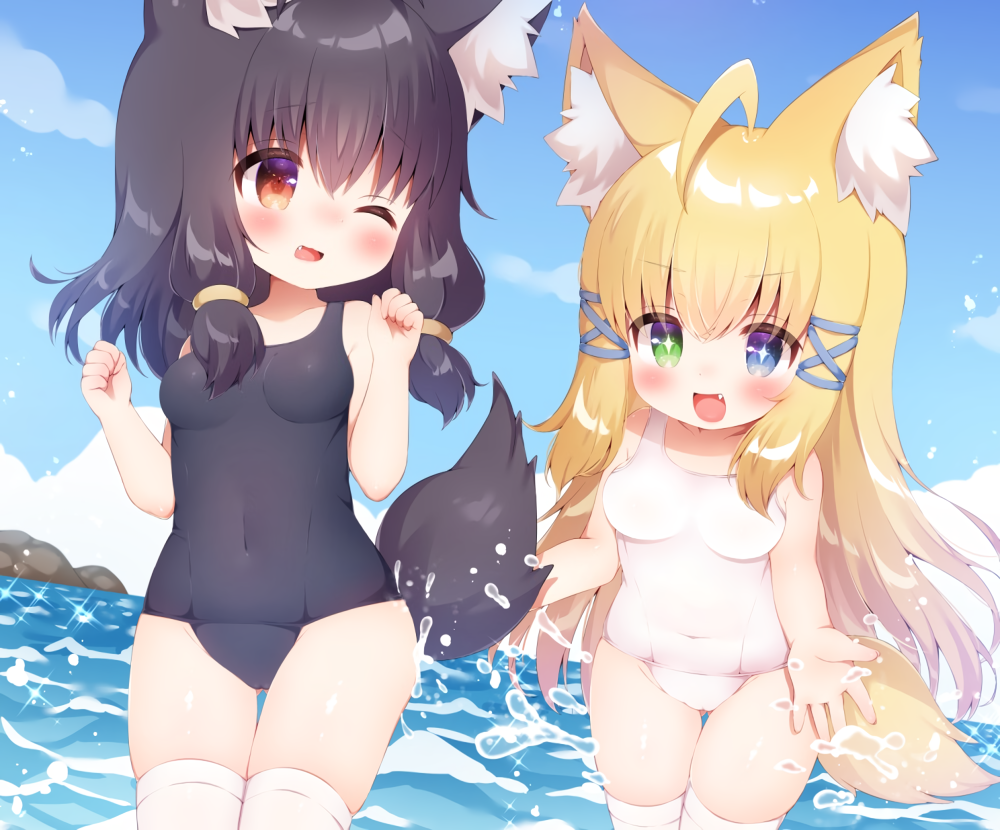 2girls animal_ears bicolored_eyes black_hair blonde_hair blush cameltoe clouds cropped fang foxgirl koma_momozu long_hair original red_eyes school_swimsuit short_hair sky swimsuit tail thighhighs water wink