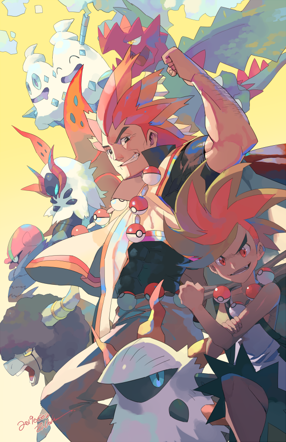 2boys accelgor alder_(pokemon) arm_hair arm_up bare_arms benga_(pokemon) bouffalant commentary druddigon ege_(597100016) gen_5_pokemon grandfather_and_grandson knees larvesta looking_at_viewer multicolored_hair multiple_boys orange_hair poke_ball poke_ball_(basic) pokemon pokemon_(creature) pokemon_(game) pokemon_bw2 poncho red_eyes red_hair signature spiked_hair teeth two-tone_hair vanilluxe volcarona watermark