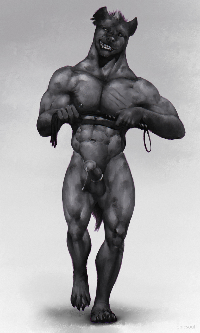 abs accessory anthro balls biceps black_and_white bodily_fluids claws cock_ring dark_eyes ear_piercing epic_soul erection fur genital_fluids genitals hair hi_res hyaenid jewelry kaiden_(epic_soul) looking_at_viewer male mammal monochrome muscular muscular_anthro muscular_male navel nipple_piercing nipples nude paws pecs penis penis_accessory penis_jewelry piercing precum precum_string scar simple_background smile solo spots spotted_body spotted_fur spotted_hyena standing teeth triceps walking whip