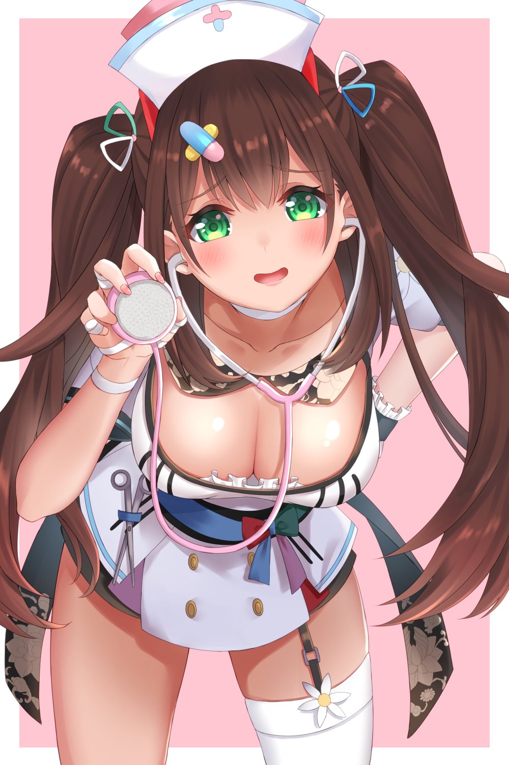 1girl ako_suke bending blush breasts brown_hair cleavage collarbone commentary_request green_eyes hair_ornament hanamori_healthy hat highres large_breasts melty+ nurse nurse_cap open_mouth simple_background single_thighhigh solo thighhighs twintails virtual_youtuber