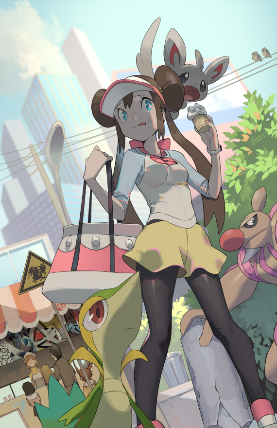 1boy 5girls bag bangs black_legwear bow brown_hair cloud commentary conkeldurr day double_bun eating ege_(597100016) food food_on_face gen_5_pokemon holding holding_bag holding_food ice_cream long_hair minccino multiple_girls outdoors pantyhose pidove pink_bow pokemon pokemon_(game) pokemon_bw2 raglan_sleeves road_sign rosa_(pokemon) shirt shorts sidelocks sign sky sleeves_past_elbows snivy tongue tongue_out twintails visor_cap waitress_(pokemon) yellow_shorts