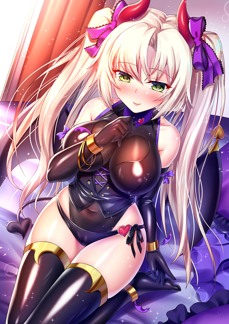 1girl bangs bare_shoulders blush bow bracelet covered_navel demon_horns demon_tail elbow_gloves eyebrows_visible_through_hair gloves green_eyes hair_bow hand_up heart horns iro_ame_(amewaagada) jewelry kagamigawa_kuroe leotard long_hair looking_at_viewer memories_off on_bed shiny shiny_clothes shiny_skin sidelocks silver_hair solo tail thighhighs thighs very_long_hair
